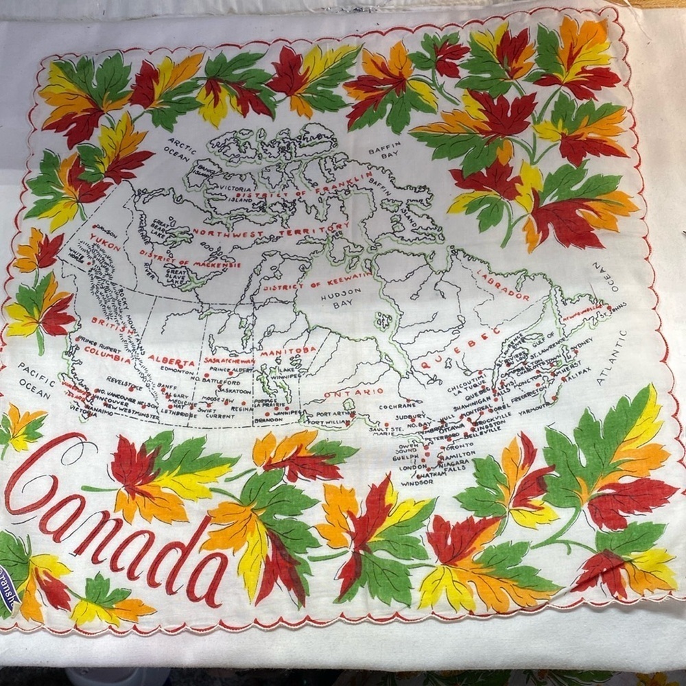 Large Vintage Handkerchief with Canada Map 12 x 12 inch​​